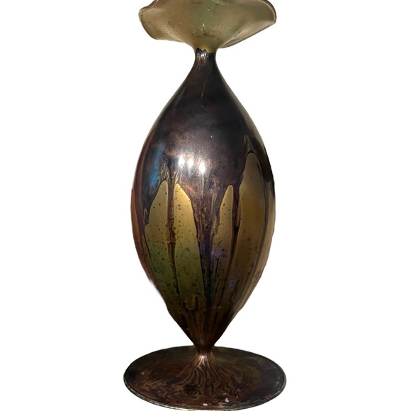 Two Vintage Art Glass Vases 7" Delicate Egg Shell Blown Glass Swirl Brown Gold - Picture 4 of 11
